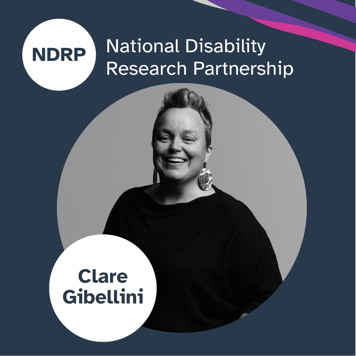A navy blue tile with a photo of Clare Gibellini. The NDRP logo is across the top, and Clare's name is on the bottom left. 