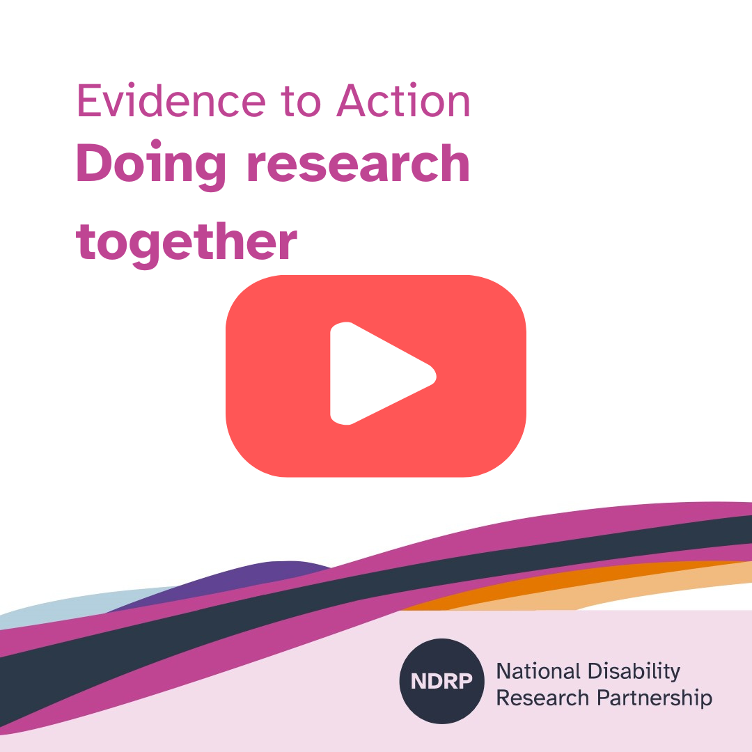 A white tile that says in pink text, "Evidence to Action. Doing research together." There is a red play button in the middle of the tile and the NDRP logo at the bottom.