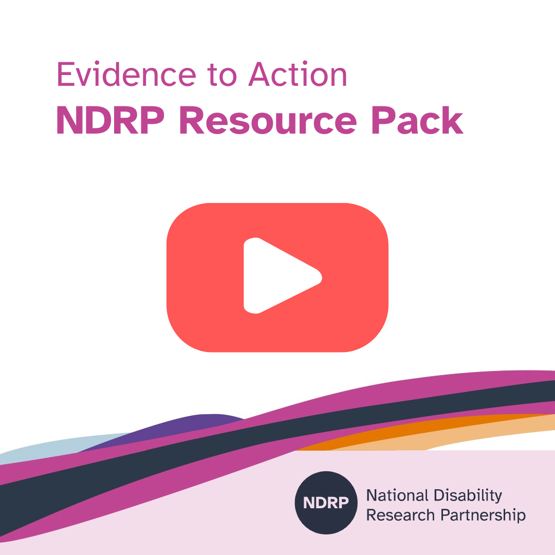 A white tile with pink text that says, "Evidence to Action. NDRP Resource Pack." There is a red play button, and the NDRP logo is at the bottom.