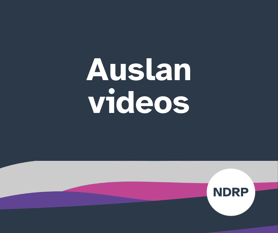 A navy tile that says "Auslan videos." The NDRP logo is in the bottom right. 